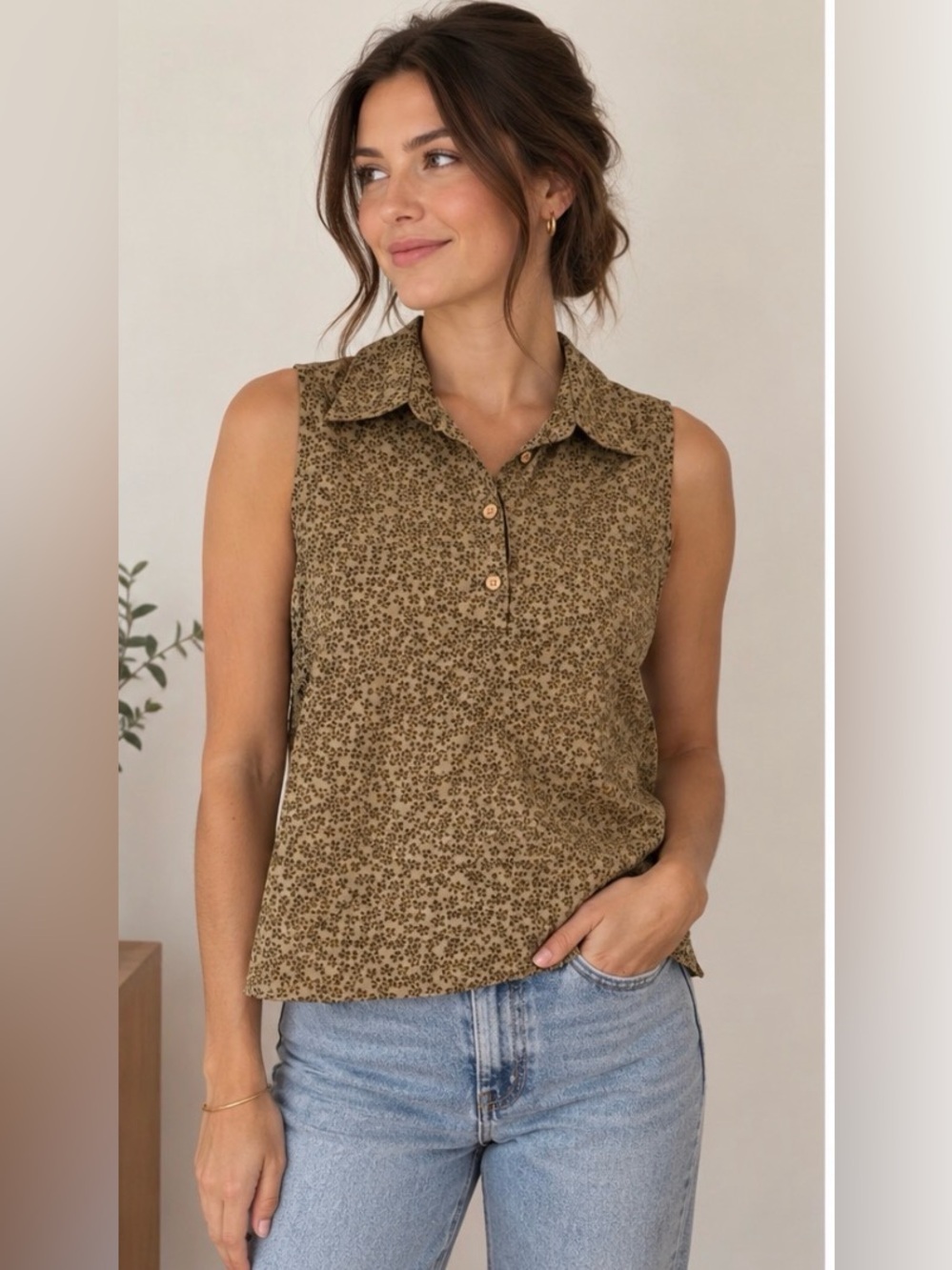 Casual Corner Olive Green Floral Sleeveless Collared Polo